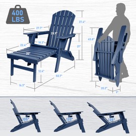 FUNBERRY Adjustable Folding Adirondack Chair with Retractable Ottoman, All Weather Fire Pit Chairs with Cup Holder