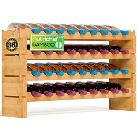 NutriChef Bamboo Stackable Wine Rack, 4-Tier 36 Bottle Capacity Wine Racks Free Standing Floor, No Tools Assembly, Modular Storage Display Shelf for Kitchen and Cellar 33.5" x 10" x 21"