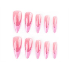 MISUD Press on Nails - Long Stiletto Glue on Nails with Pink French Tip, Acrylic Bling Glitter Design 24 pcs