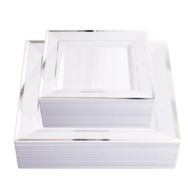 Liacere 100PCS White and Silver Square Plastic Plates - 50PCS Heavy Duty 9.5inch White Dinner Plates and 50PCS 6inch White Dessert Plates-Silver Disposable Plates for Party＆Wedding＆Christmas