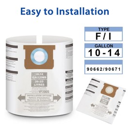 5 Pack Replacement Vacuum Filter Bags, Shop Vac Bags 10-14 Gallon, Wet Dry Dust Collection Bags 12 Gallon for Replace Part 90662,9067200, F2005, 9066233,