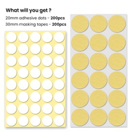 TOMIBAOLE 200Pcs Clear Adhesive Dots & Masking Tapes,20mm/0.79" Sticky Double Sided Dots Glue with Masking Tape for Wall Poster,Pictures,Party,Balloons (400, 20mm+30mm Masking Tapes)