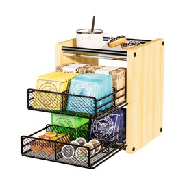 Tea Bag Organizer, Tea Organizer and Storage with Drawers, Tea Box for Tea Bags, Wooden Tea Bag Holder for Kitchen, Countertop, Office, Tea Station (Natural Wood)