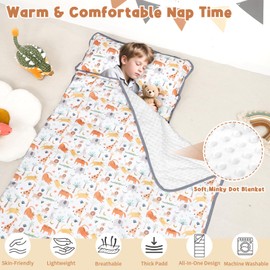 Toddler Nap Mat with Removable Pillow & Soft Minky Blanket, HNHUAMING Extra Large Rolled Napping Mats for Boys & Girls, Kids Slumber Bags for Daycare, Preschool Travel Camping, Animals