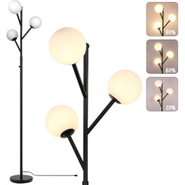 3-Globe Mid Century Black Tree Floor Lamp for Living Room,70in Tall Modern Stepless Dimmable Standing Lamp with Frosted Glass Shade for Office Bedroom, Study Room Bulbs Included(dimmer-Black)