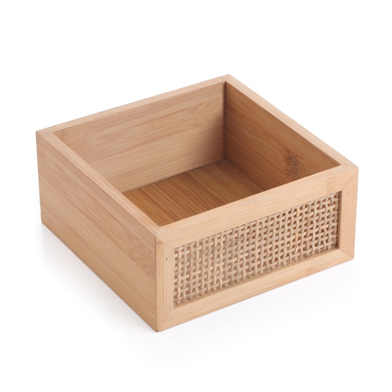 Bamboo Storage Box with Rattan Mesh Panel, Decorative Container for