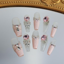 Handmade Press on Nails, Reusable False Nails Tips, 3D Hand-Painted False Nails, Hand-Painted Classy Nails, Full Cover Stick on Nails,Long Ballerina French Rhinestone Design 10 Pcs (#4558,L)