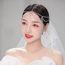 AWOCAN Rhinestone Waterdrop Head Chain Headwear - Bohemian Headband Headpiece Crystal Headress for Women Hair Jewelry (B)