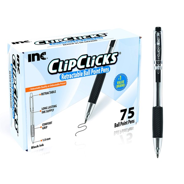 Inc, Clip Clicks 75 Count Retractable Black Ballpoint Pens Medium