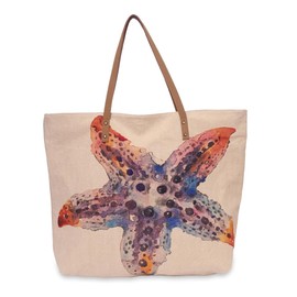 COTT N CURLS Womens Starfish Tote Bag - 18" x 20" Canvas Bags with Zipper, Handmade Large Canvas Tote Bag with Inner Pockets and Leather Handles, Lightweight Canvas Bag with Adjustable Strap