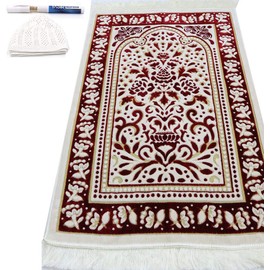 Janamaz Prayer Rug with Free Cap + MISWAK - Plush Velvet Namaz Seccade Turkish Prayer Mat Carpet Design (Red / White)