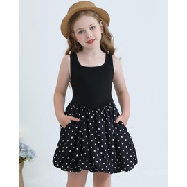 HIGHUZZA Girls Summer Dresses Tween Back to School Outfits Casual Bubble Hem Sleeveless Polka Dot Sundress with Pockets