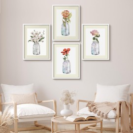SIGNWIN Framed Pastel Watercolor Colorful Flower Variety Glass Vases Wall Art, Set of 4 Floral Botanical Wall Decor Prints, Nature Wilderness Wall Décor for Living Room, Bedroom - 8"x10" White