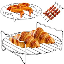 Jetcloud 2pcs Air Fryer Rack Stainless Steel 7.8inch Holder XL Air Fryer Accessories, Multi-purpose Double Layer Rack with 5 Barbecue Sticks for Most 5.3-5.8 QT Air Fryers Ovens