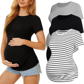 MIRAZEN 3 Pack Womens Maternity Shirts - Crew Neck Maternity Top Short Sleeve Pregnancy Tee Shirts, Black/Light Grey/White Stripe, Medium