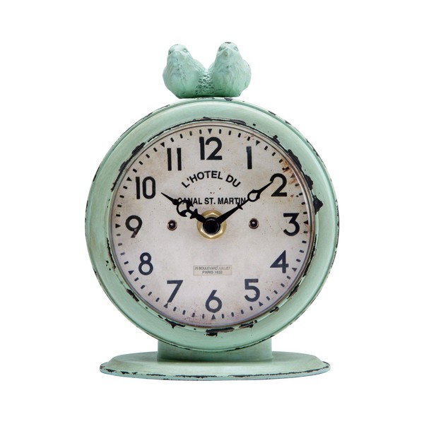 NIKKY HOME Vintage Table Clock, Shabby Chic Pewter Round Quartz Shelf Desk Clock with 2 Birds, 4.75" x 2.5" x 6.12", Light Green