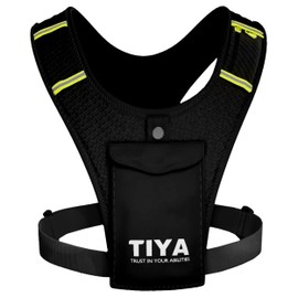 TIYA Running Vest Phone Holder – Lightweight, Waterproof & Reflective – Includes Front Pouch & Shoulder Pocket – Holds Keys, Cards & Smartphones – Adjustable Waist Band – for Men & Women – Black