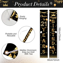 Businey Happy 21th Birthday Banner, Black Gold 21th Banner Porch Door Sign, 21th Banners Decorations for Boys Birthday Party Indoor Outdoor Decoration 182 x 30 cm