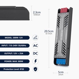 SUCIKORIO 110V to 12V Transformer, 12V 300W LED Driver Ultra Slim 110-240V AC to 12V DC 25A Quiet Low Volt LED Power Supply Constant Voltage Driver Adapter for LED Strip Lights, Garden Light