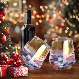 YUHANOER Stemless Wine Glass Set Of 2,10Oz Iridescent Glassware Dishwasher Safe,Spill-Proof Design Modern Colored Tumblers for Red Wine,Cocktails,Whisky,Bourbon,wine gifts