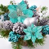 Winlyn 26 Set 3 Style Christmas Teal Glitter Poinsettia Flowers