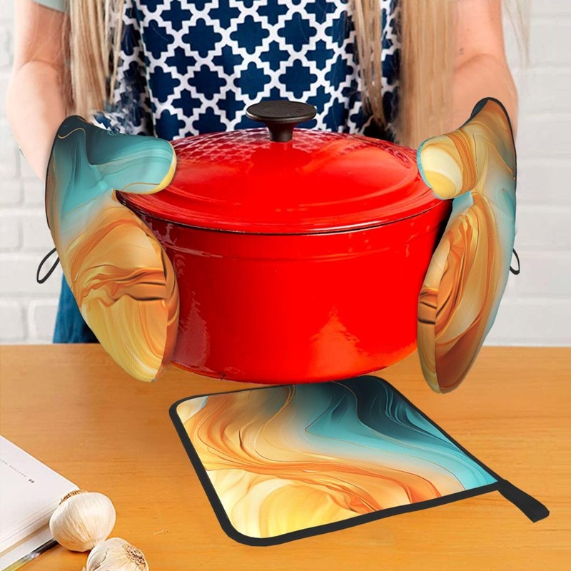 Orange Teal Marble Oven Mitts and Pot Holders Sets of