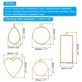 PATIKIL 50Pcs Open Bezels, Resin Bezels Charm Pendants Open Back Bezels Alloy Hollow Frame Bulk for Resin Jewelry Making Earrings Necklace, Multicolored(5 Shapes)