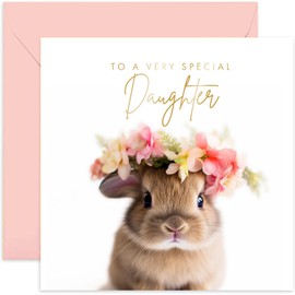 Old English Co. Bunny Rabbit Very Special Daughter Card - Bunny Rabbit Floral Cute Birthday Card for Her - Cute Well Done Congratulations Cards for Daughter from Mum Mom Dad Parents | Blank Inside