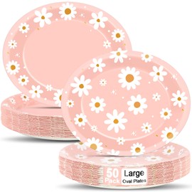 50PCS Daisy Oval Paper Plates 11inch Large Daisy Floral Party Supplies Platters, One Two Groovy Heavy Duty Dish Tray for Wedding Birthday Baby Shower Pink Daisy Flower Summer Spring Dinner Tableware