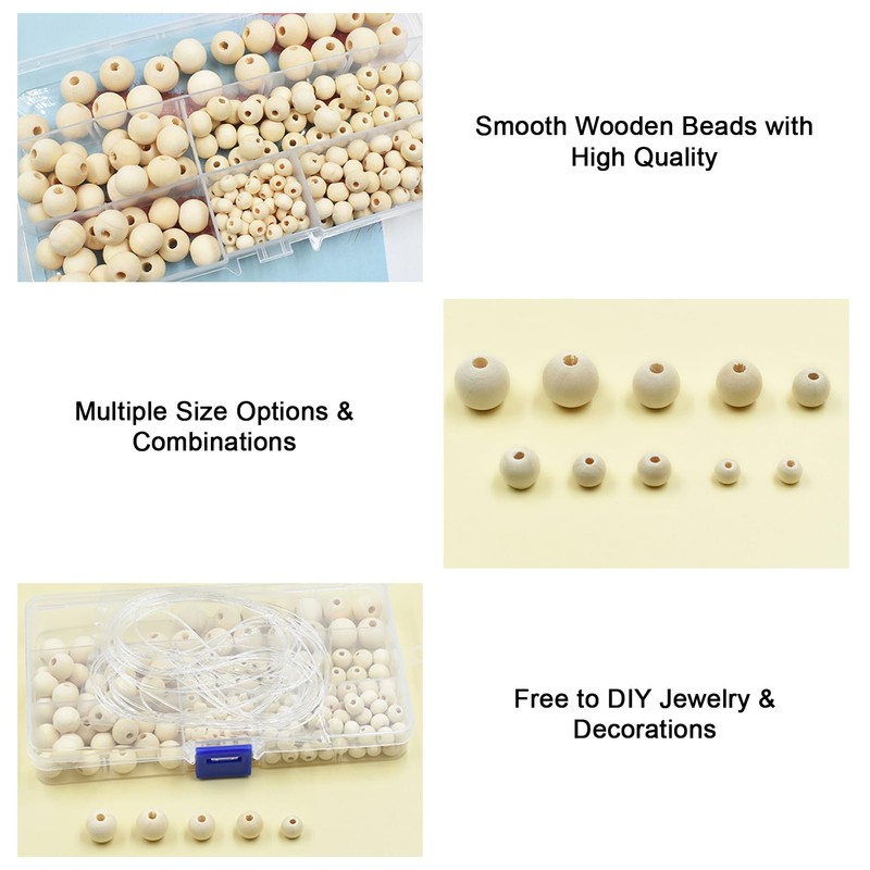 220 Pcs Wooden Beads for Crafting, Round Wood Beads 6-14mm
