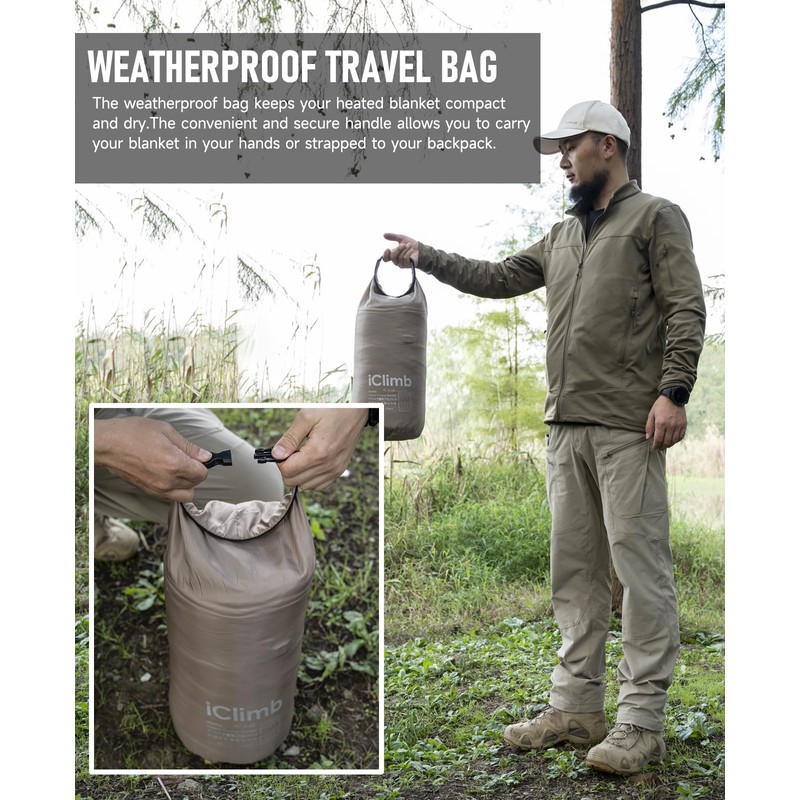 iClimb Heated Camping Blanket with Hood and Battery Pack (Khaki)