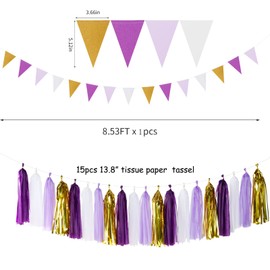 Purple Gold Valentines-Day Graduation Decorations - 30pcs Kits Lavender White Paper Flowers,Banner Flags,Tassel Streamer Garland Engagement Girl Baby Bridal Shower Party Decoration Lasting Surprise