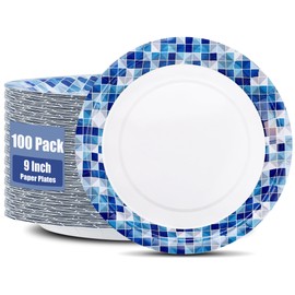 Bgtecho 100 Pack Disposable Paper Plates, 9 Inch Heavy Duty Disposable Plate, Dinner Plate for Party, Round Paper Plates for Everyday Use, Soak Proof, Cut Proof, Blue Printed (10 in)