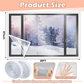 Beeveer 87 Inch X 20 ft Window Insulation Kit Cuttable Transparent Film with Adhesive Straps Reusable Window Plastic for Winterizing Thicken Thermal Waterproof Attic Insulation Cover Warm Winter