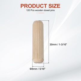 PATIKIL Wooden Dowel Pins 5/16" x 1-3/16" (8mm x 30mm) Straight Dowel Rods Wood Fluted Dowels Rods for Crafts Furniture DIY Hardwood Count 120