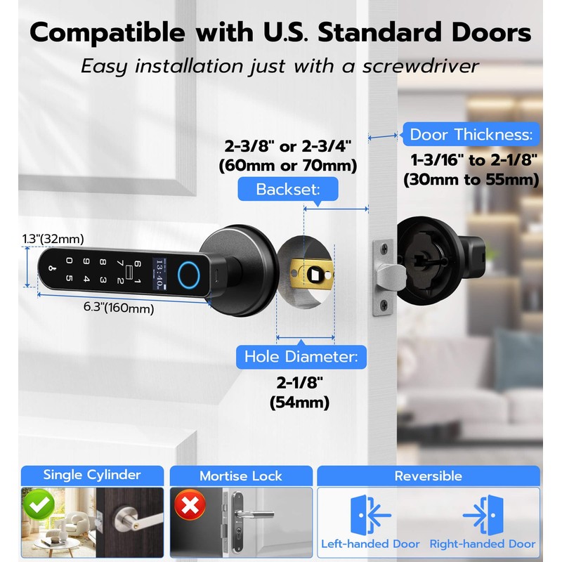 Anweller H1 Fingerprint Door Handle Lock, Smart Keyless Entry Door