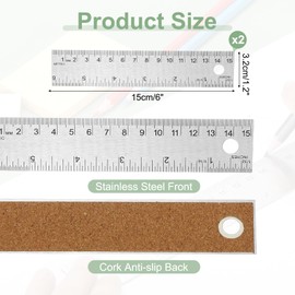 PATIKIL Stainless Steel Ruler Cork Backed, 2Pcs 6 Inch Straight Edge Ruler Non-Slip Cork Backing with Inch and Centimeter Scale for Office Engineering Drawing