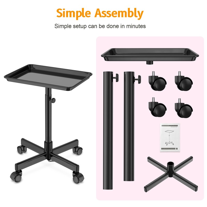 Premium Aluminum Black Salon Tray on Wheels -Adjustable Tattoo Trolley