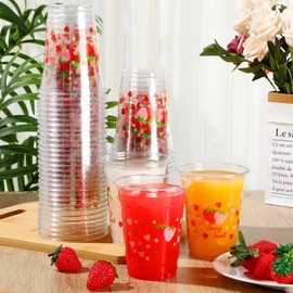 Potchen 100 Pcs 12 oz Strawberry Disposable Plastic Cups Strawberry Flower Clear Plastic Cups Pink Red Strawberry Cups Strawberry Themed Party Favors for Birthday Baby Shower Summer Fruit Party