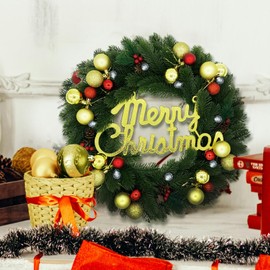 Christmas Wreath for Front Door,Artificial Pine Needles,Pine Cones Red Berries,18-inch Pre-Assembled with Colorful Christmas Balls and Crystal Lights for Home Party, Indoor and Outdoor Decoration