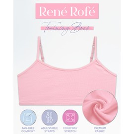 Rene Rofe Girls Training Bras - 5 Pack Soft Stretch Cotton Bra, Cami Style Girls Underwear with Adjustable Straps (7-14), Size 10-12, Blue/White Stars