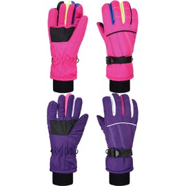 2 Pairs Kids Mittens Children Winter Snow Waterproof Thick Warm Windproof Gloves for Girls Boys (Purple and Pink Stripe Style,5 - 8 Years)