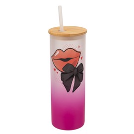 Elanze Designs Ombre Gradient 25 Ounce Frosted Glass Travel Tumbler With Straw & Wooden Lid Red Lips Black Bow Pink