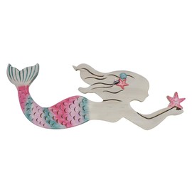 Morning View Wooden Mermaid Wall Decor Nautical Hanging Plaque Sign Wood Mermaid Wall Sculpture Large Coastal Wall Art Rustic Beach Ocean Sea for Bathroom Home House 30.5X11 Inches(Pink)
