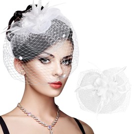 Women's Fascinator Wedding, Flower Feather Mesh Veil Party Headpiece Fascinator Hat Church Hair Accessories Fascinator Bridal Headpiece, Cocktail Headwear for Women (White)