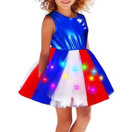 REETAN 4th of July Light Up Dress Independence Day Patriotic LED Costume for Girls Blue