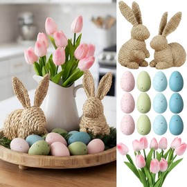 Dingion 28 Pcs Easter Table Centerpiece Spring Tray Decorations Includes 2 Rattan Bunnies, 16 Pastel Easter Eggs and 10 Pink Fake Tulip Florals for Tables Spring Indoor Home Decor