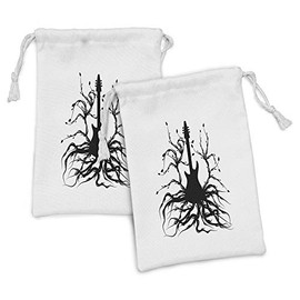 Lunarable Music Fabric Pouch Set of 2, Rock Themed Tree of Life Electric Guitar with Branches and Roots Graphic, Small Drawstring Bag for Toiletries Masks and Favors, 9" x 6", Charcoal Grey and White