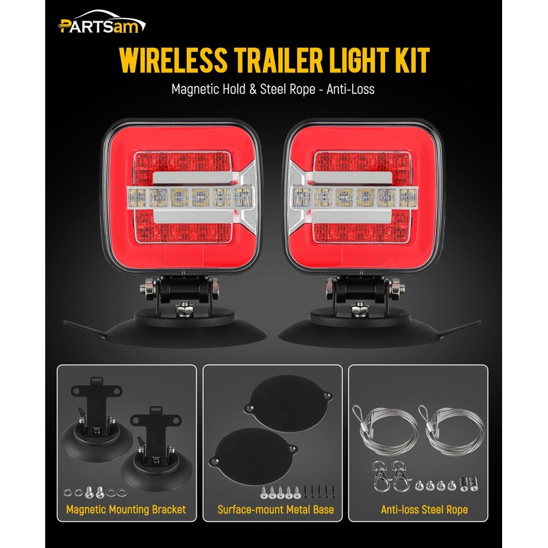 Partsam Wireless LED Trailer Light Kit, Square Portable Magnetic Stop