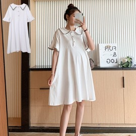 Women's Collared Puff Sleeve White Maternity Dress for Daily Chic White/L